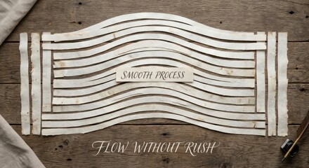 Obraz premium Elegant Parchment Strips Forming Waves on a Rustic Wooden Background with Inspirational Text