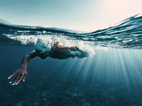Athlete swimming freestyle underwater with sun rays illuminating the deep blue ocean water