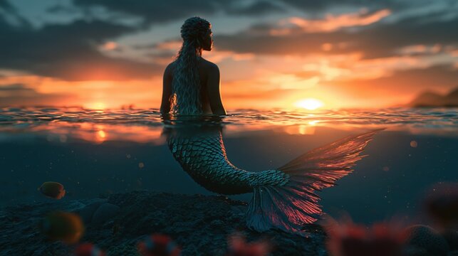 Enchanting Mermaid Emerges from Ocean Waters at Sunset, Glimmering Scales Reflecting Golden Light
