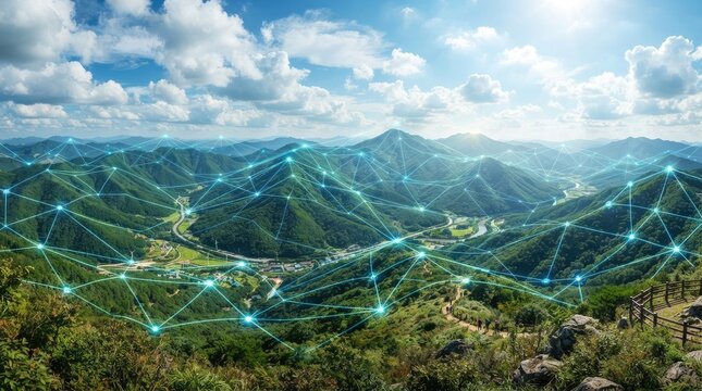 Digital network connectivity overlay across a scenic mountain landscape representing global communication and smart infrastructure world science day