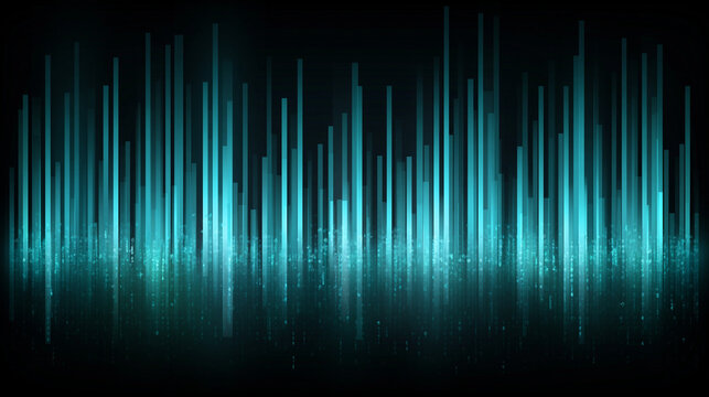 Digital sound wave frequency equalizer bars with data particles glowing in dark blue environment for audio processing.