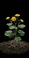 Obraz premium Vibrant yellow wildflower with visible root system emerging from dark soil against a black background