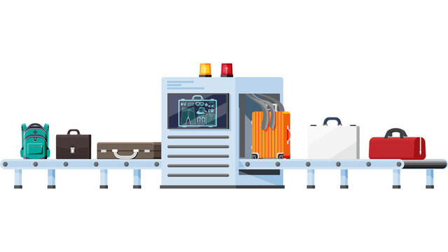 Airport security luggage scanner conveyor belt with various bags and suitcases vector illustration transparent background