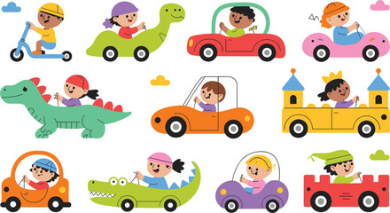 Fototapeta premium Cute Children Driving Colorful Toy Cars Illustration Set with Kids Riding Dinosaur, Castle, Scooter and Animal-Themed Vehicles