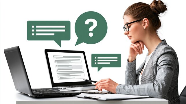 Professional woman in glasses attentively working on laptops with chat bubbles and question mark icons