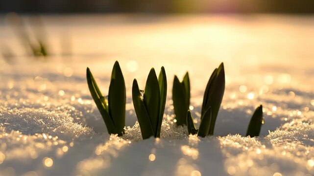 Green plant shoots emerging from melting snow at sunrise