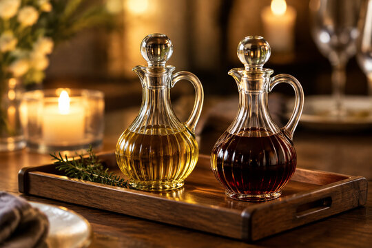 A pair of glass cruets on a wooden tray reflecting warm candlelight.