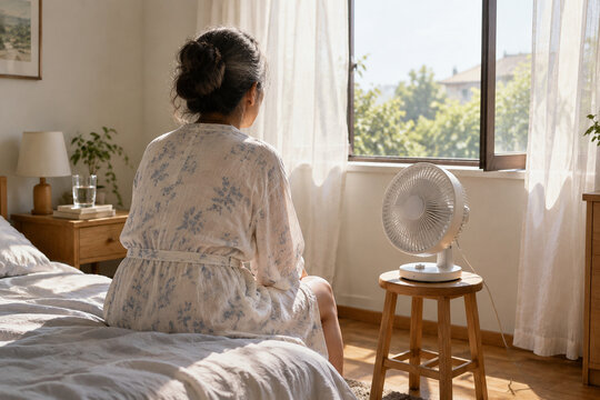Middle-aged woman in thin cotton robe on edge of bed, electric fan on wooden stool, glass of water, open window with light curtains, morning self-care