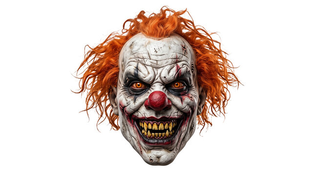 Scary evil clown mask with orange hair, creepy horror circus character portrait, sinister grinning monster face for Halloween isolated PNG with Transparent Background