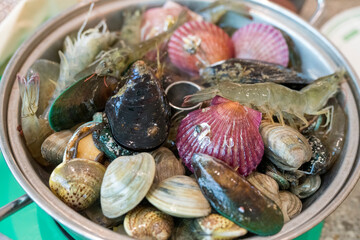 Fresh seafood mix of shrimp, mussels and scallops on display © ZTC Studio