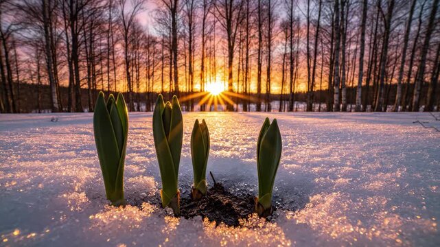 Green plant shoots emerging from snow in forest at golden sunset.
