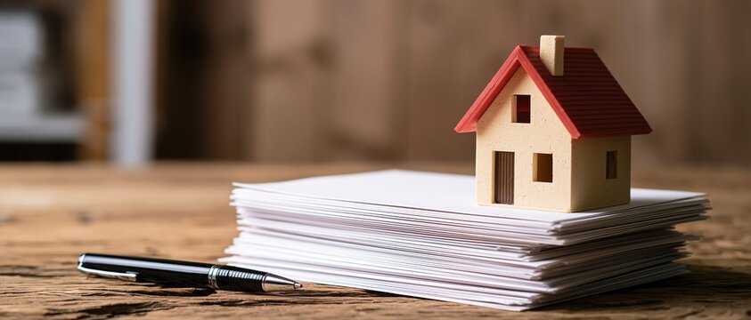 Small house model on stack of papers with pen, symbolizing real estate transactions and property documentation
