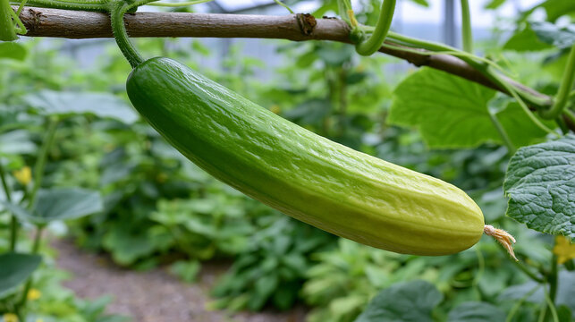 Fresh green cucumber with yellowing end hanging on plant, maturing vegetable in garden for healthy food.