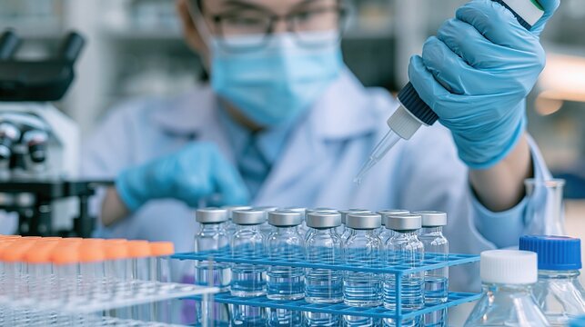 Scientist in laboratory conducting research with vials and microscope, focusing on medical science and pharmaceutical development.