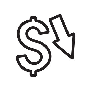 Decrease in dollar value icon, showing financial loss, cost reduction, and economic decline