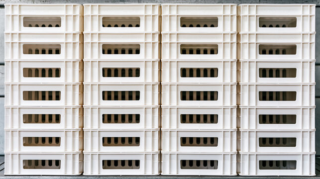 Frontal view of stacked white plastic ventilated crates creates rhythmic pattern for agricultural or food storage needs.