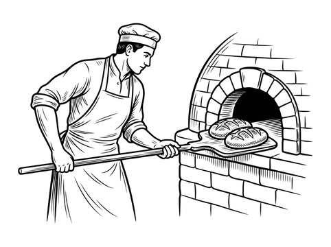 Black and white sketch vector illustration of a male baker putting fresh loaves of bread into a traditional brick stone oven using a wooden peel. EPS Editable
