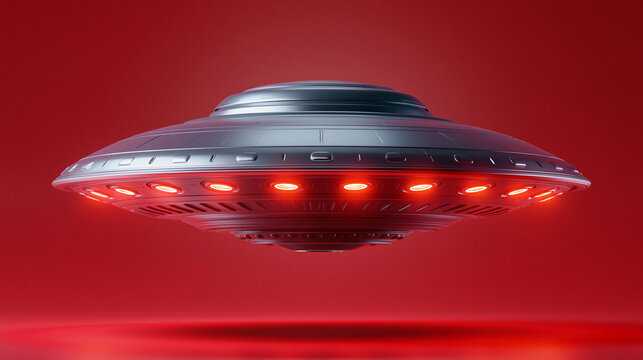 Futuristic silver ufo hovering over dark red background with glowing lights for advanced science fiction creative media.
