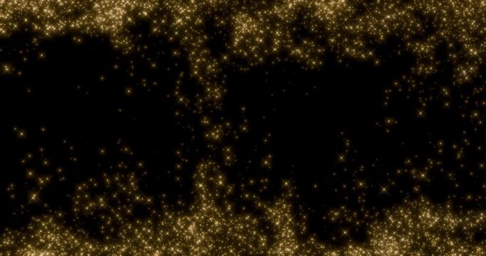 Glittering gold particle trails flying from the top and bottom in black background. Sparkling light streaks glow dust effect. 4K 3D rendering loop animation.