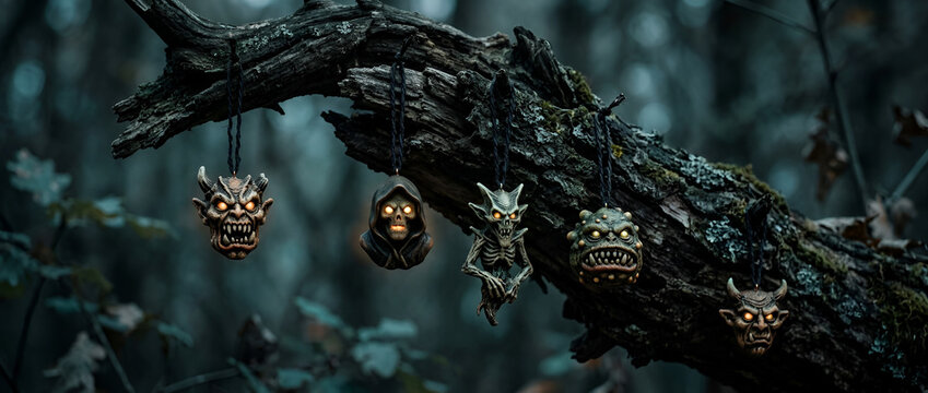 Creepy monster ornaments hanging from a gnarled tree branch in a dark forest during halloween