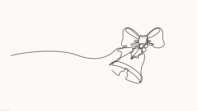 Continuous line drawing of Christmas bells and ribbon bow festive animation on beige background. self drawing animation, full-length  one line motion video