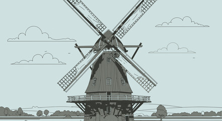 Obraz premium Traditional Dutch Windmill Illustration, Rural Landscape, Historical Architecture, Vintage Style