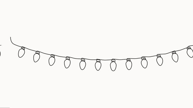 String lights drawing in continuous line style isolated on white background for festive decoration, self drawing animation, full-length  one line motion video.
