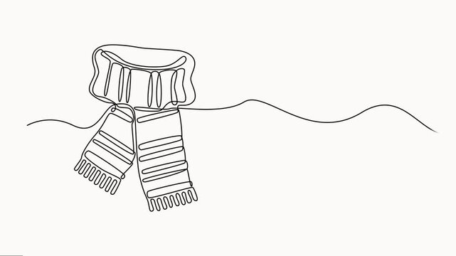 Minimalist scarf drawing continuous line art on white background for winter concept animation. Single line self drawing animation, full-length  one line motion video