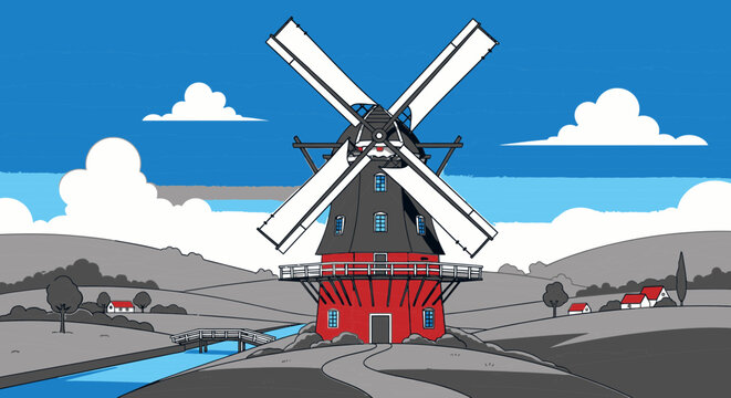 Traditional Dutch windmill with rotating blades on a scenic landscape with river and houses, isolated on transparent background