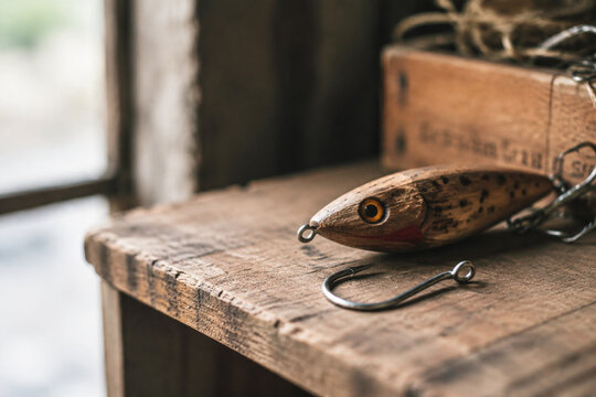 Metallic fish hook beside handcrafted wooden lure on rustic shelf, fishing tackle and outdoor passion concept.