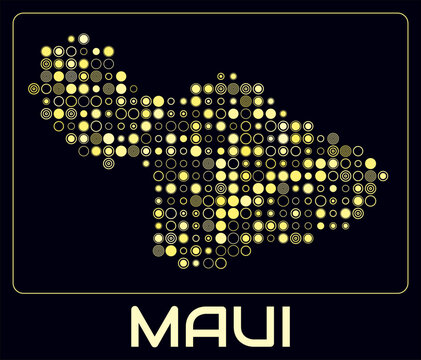 Maui digital style map. Large circle dots on dark background. Dotted shape of the island. Maui map and title. Elegant vector illustration.