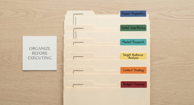 Organized Folder System with Color-Coded Tabs for Project Planning and Analysis