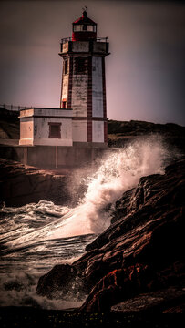 A Solitary Lighthouse Stands Resolute Against The Powerful Crashing Waves Of The Stormy Sea At Sunset