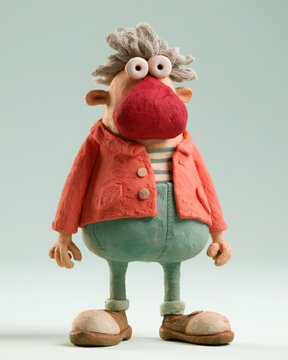 Quirky handcrafted character with oversized red nose, tousled grey hair, coral jacket and teal trousers, styled as a playful claylike figurine.