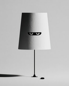 Surreal minimalist floor lamp with watchful eyes peering through its white shade, creating a quirky yet unsettling black and white visual concept.
