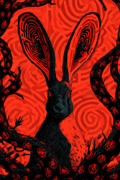 Striking black rabbit surrounded by twisting branches and hypnotic red maze patterns in a bold surreal horror illustration filled with unsettling detail.