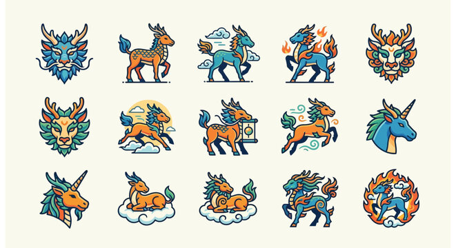 Set of Modern Flat Vector Qilin and Kirin Icons