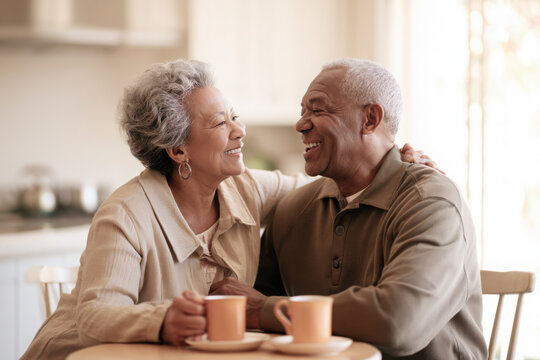 Happy senior couple laughing together over coffee at home, capturing companionship, affection, retirement, healthy aging and the warmth of a loving long-term relationship.