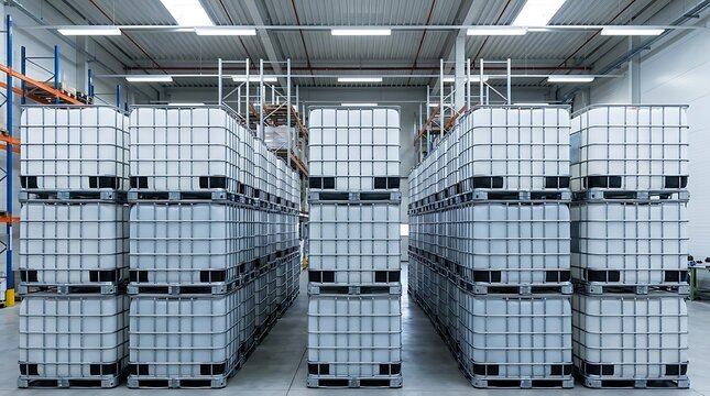 Large plastic water containers stacked on wooden pallets inside a clean industrial warehouse facility. ibc container