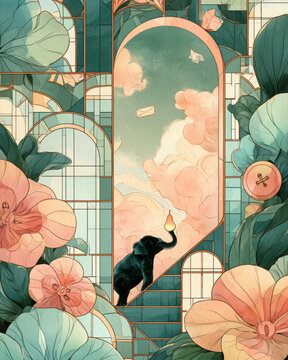 Dreamlike botanical collage featuring a tiny elephant beneath an arched sky, surrounded by oversized flowers, geometric windows and floating envelopes in muted pastel colours.