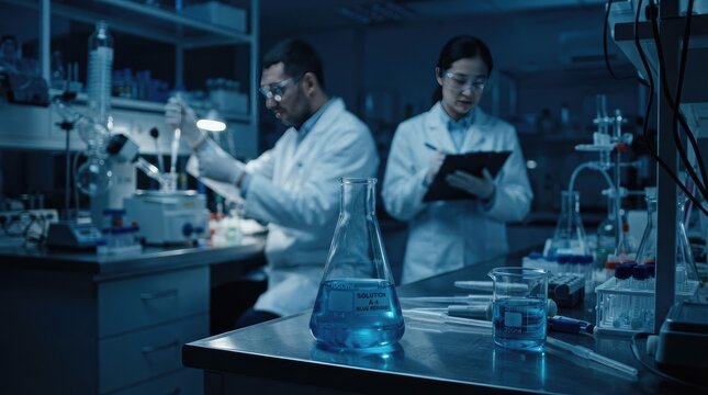 Scientists working in a dimly lit laboratory with blue chemical solutions in glassware world science day