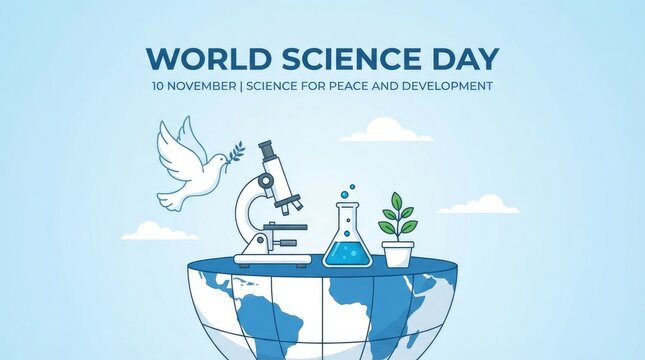 World science day 10 november science for peace and development with dove of peace, microscope, flask, and plant on a globe illustration world science day