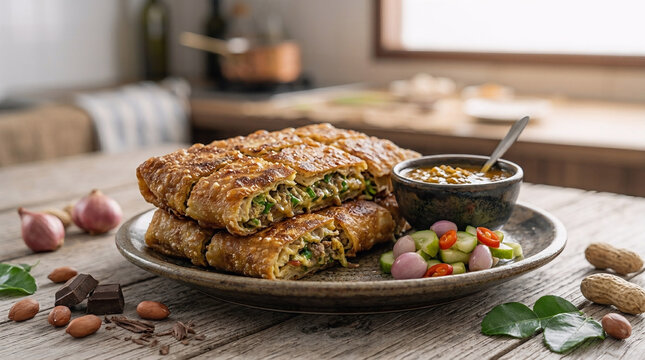 Authentic Indonesian Savory Martabak Telur (Egg Murtabak) Filled with Minced Beef and Green Onions, Served on a Rustic Ceramic Plate with Curry Dipping Sauce and Fresh Pickles on a Wooden Table.