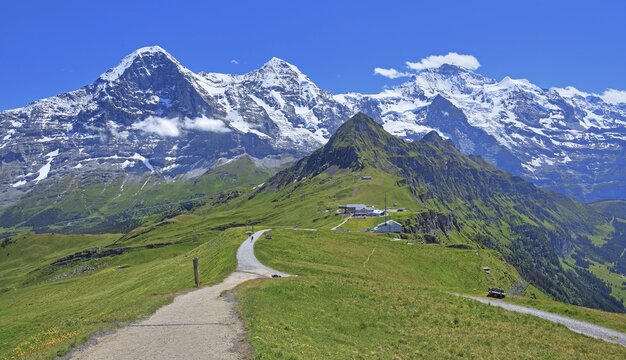 Mountain meadow and hiking trail on the M&auml;nnlichen with the triumvirate of the Eiger, M&ouml;nch and Jungfrau massif, Wengen, Jungfrau region, Bernese Oberland, Canton Bern, UNESCO World Natural Heritage Site, Switzerland