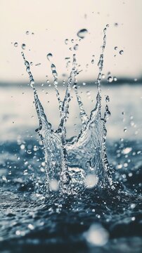 Dynamic water splash frozen in mid-air with droplets scattering and creating ripples on the surface