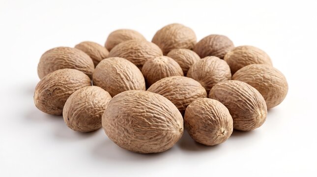 A pile of whole nutmeg seeds isolated on a white background.