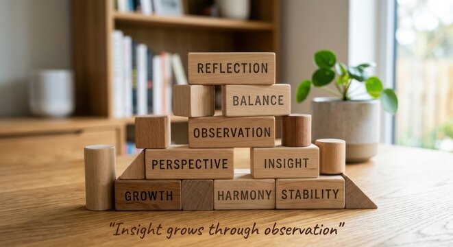 Wooden Blocks Displaying Concepts of Reflection, Balance, Observation, Perspective, and Growth