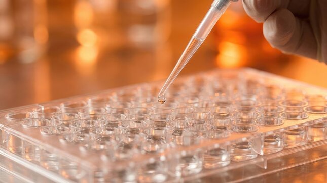 Scientist using a pipette to add a liquid sample into a multiwell plate in a laboratory setting world science day