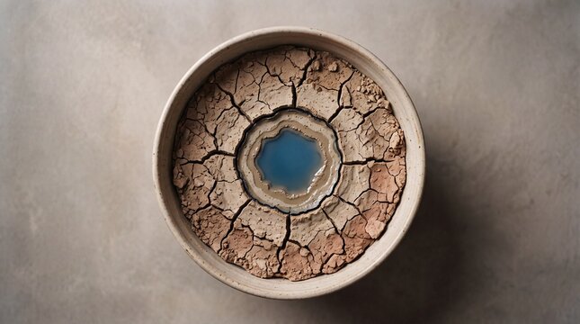 Drought in a Bowl: A stark visual metaphor for water scarcity, this image depicts a small pool of blue water in the center of a cracked, dry earth, contained within a shallow bowl.