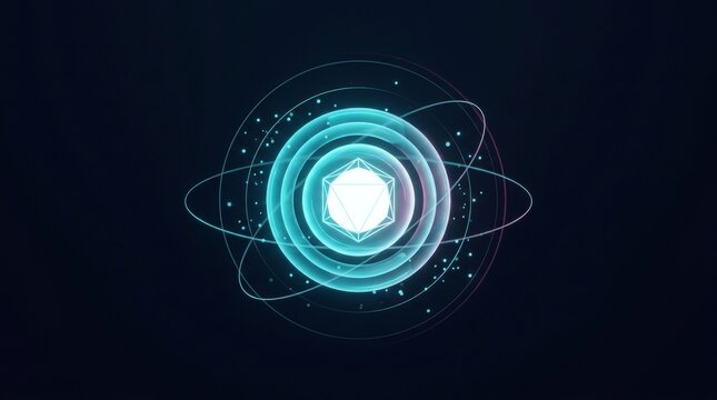 Glowing blue abstract geometric tech core design on dark background